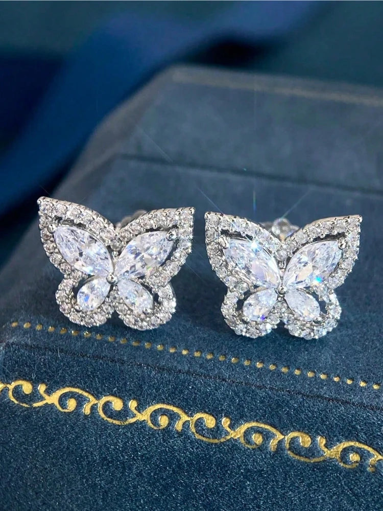 925 Sterling Silver Elegant Sparkling Hollowed Butterfly Zircon Earrings for Women Anniversary Party High Quality Fine Jewelry